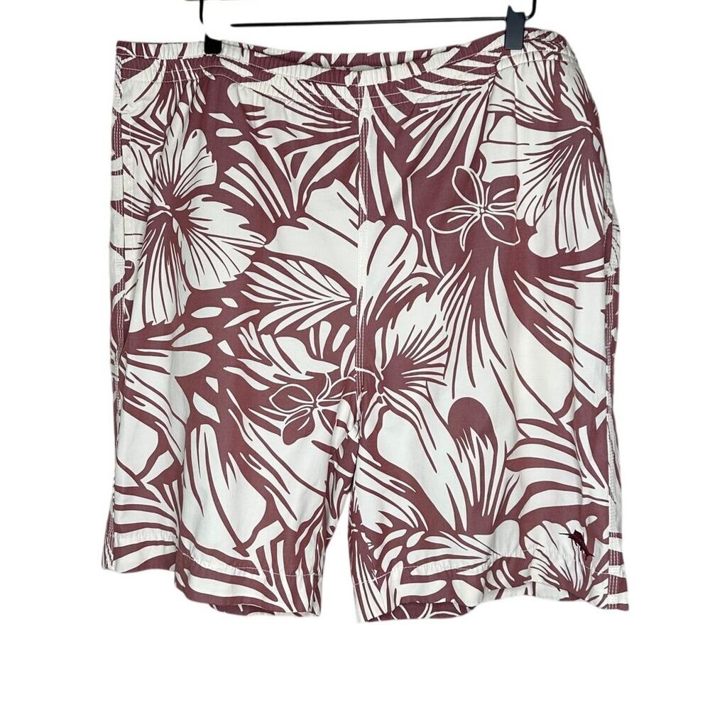 Tommy Bahama Relax Swim Trunks Men L Red Tan Tropical Floral Mesh Lining Pockets
